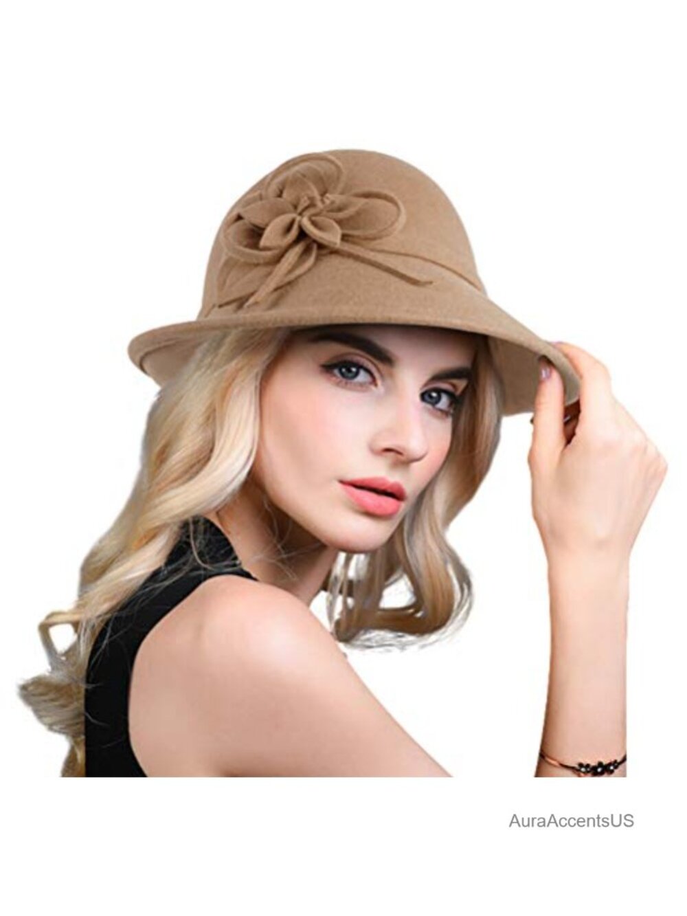 Wool Felt Bucket Hat Vintage Floral Cloche Bowler with Ribbon Band